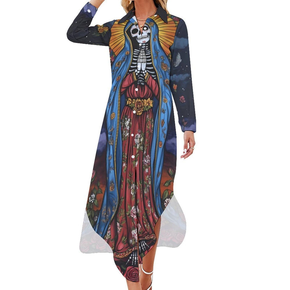 longue à manches longues et chemise fendue boutonnée, style gothique squelette Santa Muertes