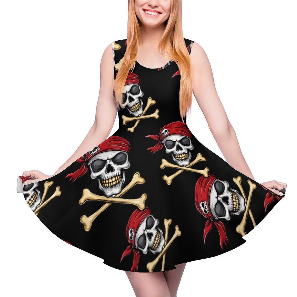 Jolly Roger Skull pour femme, robe à col rond, robe débardeur sans manches, robe d'été à ourlet volanté