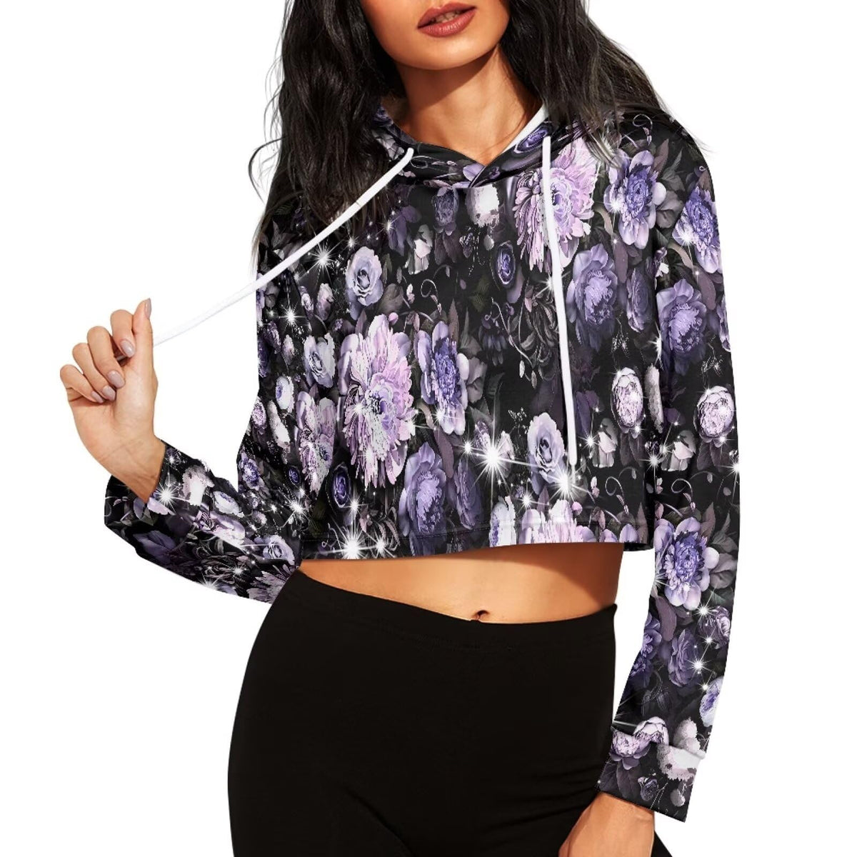 Crop top fleuri violet à manches longues pour femme, sweat à capuche court tendance, manches patchwork, tunique à cordon de serrage, idéal pour les